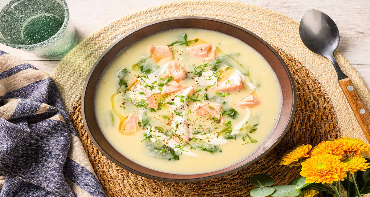 Leek potato and dill soup with smoked salmon with potato and sour cream