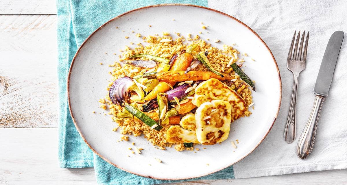 Halloumi och rostade morötter med kryddig couscous