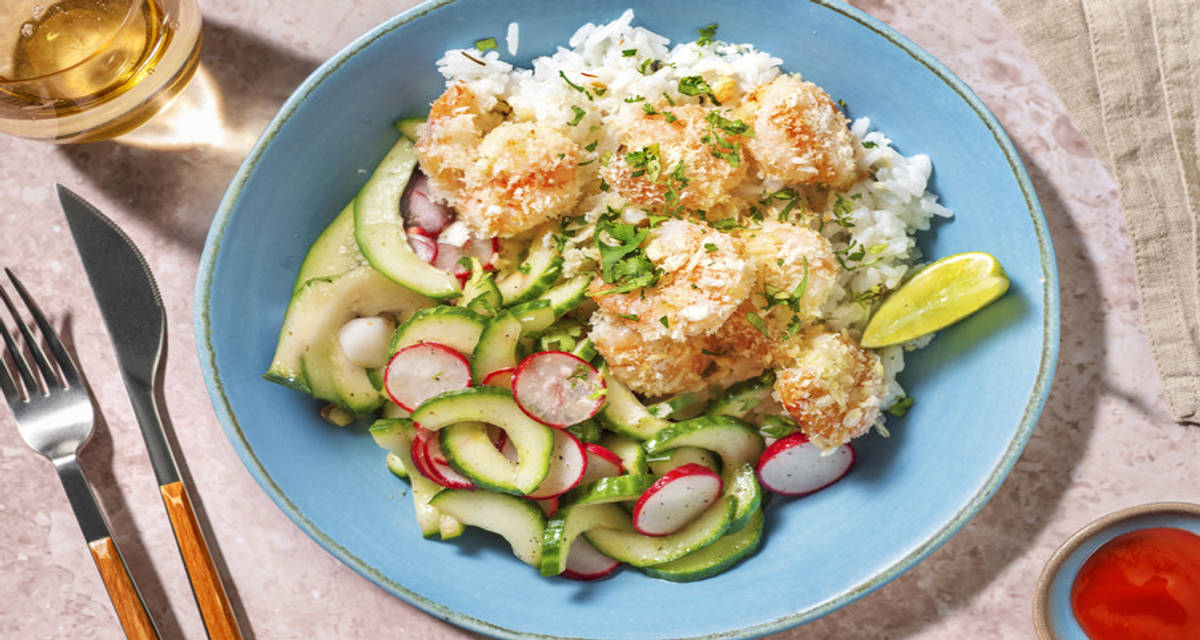 Crevettes croustillantes au panko et sauce kimchi riz au lait de coco et légumes à l'aigre-douce