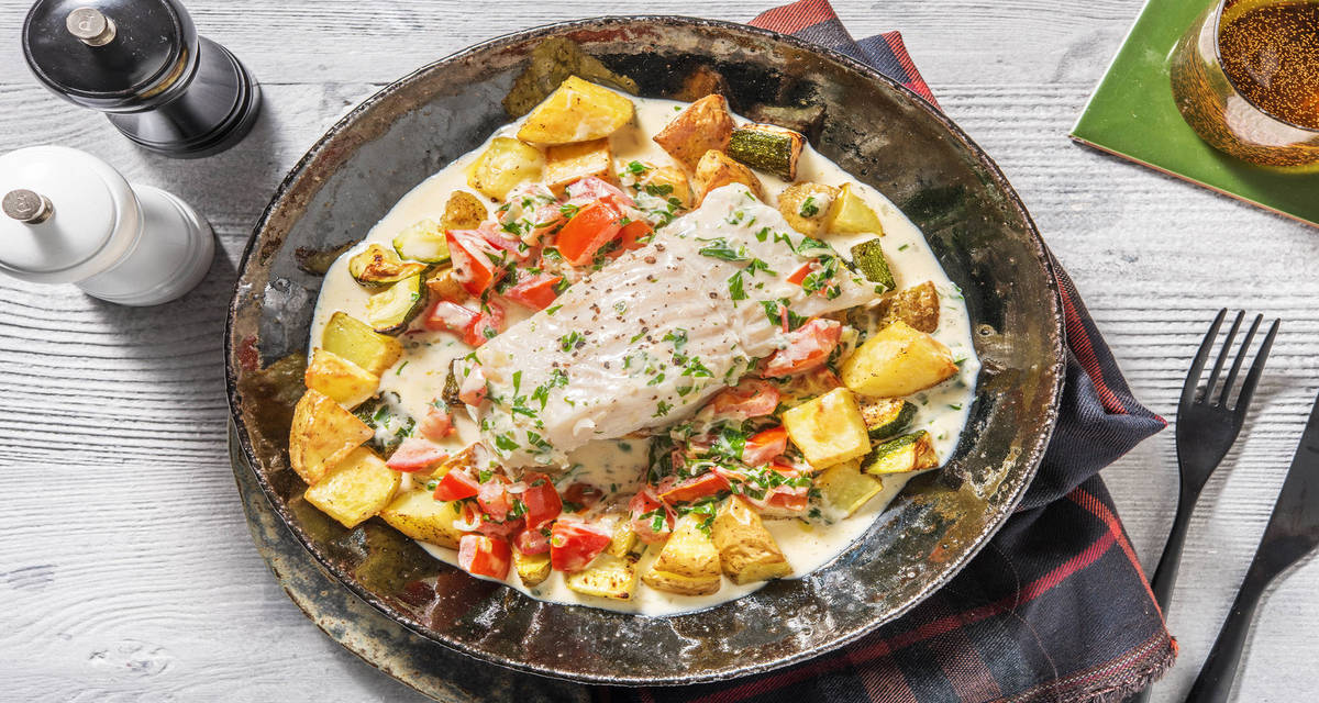 Gråsej i krämig tomatsås med rostad potatis och zucchini