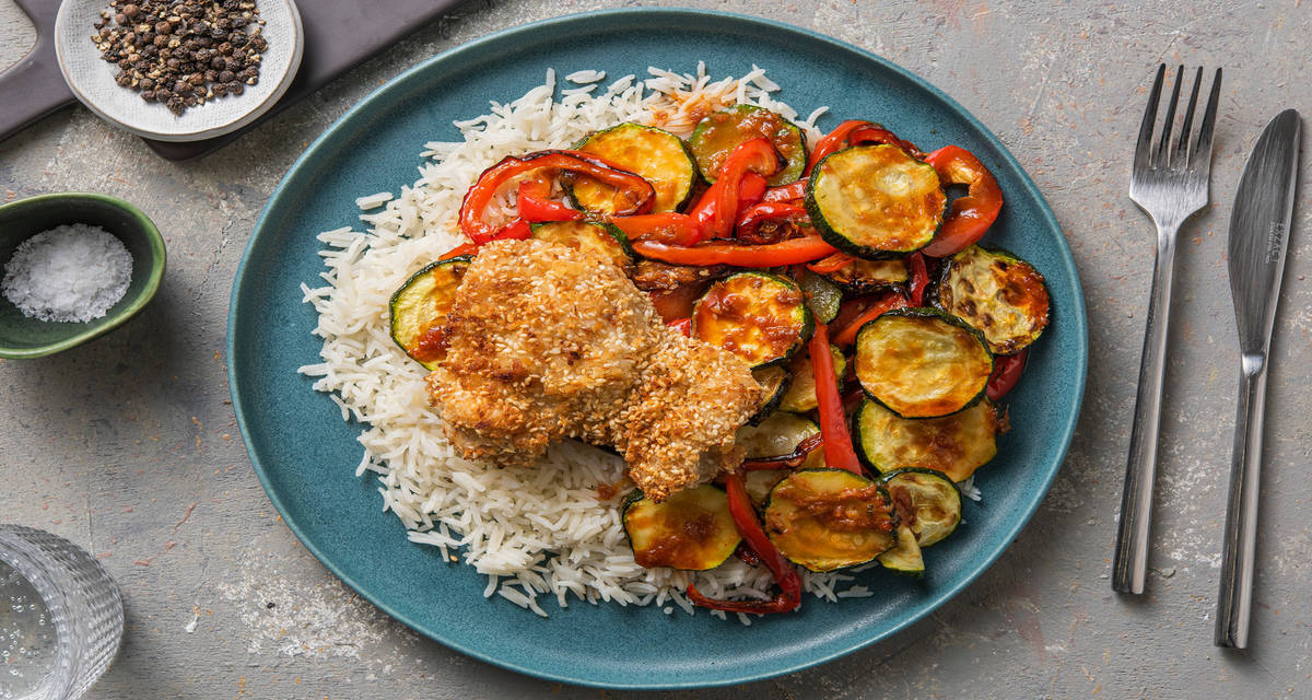 Pollo in crosta di sesamo con verdure glassate e riso Basmati