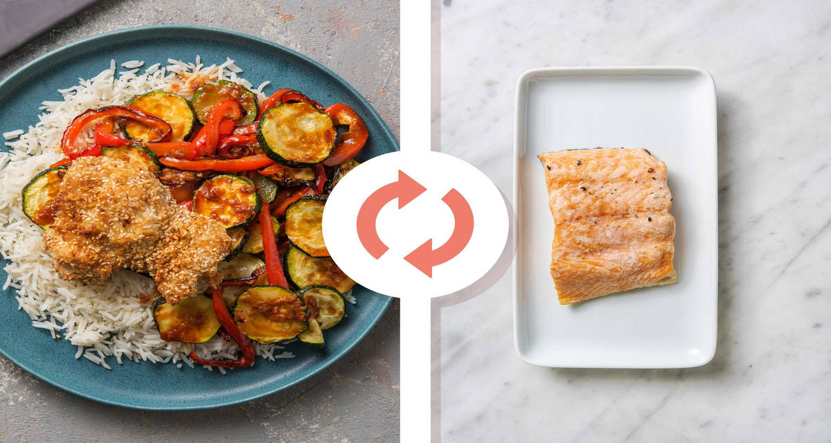 Salmone impanato al pane panko e sesamo con peperoni e zucchine in glassa di soia e miele