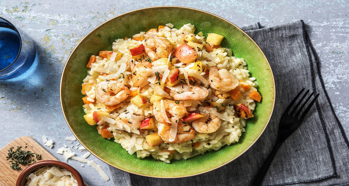 Risotto med vitlöksstekta räkor, äpple och färsk timjan