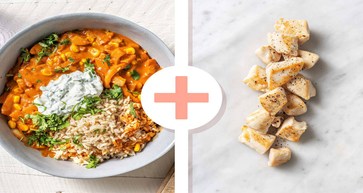 Veggie + protein - Curry à l'indienne au fenouil et au maïs avec un filet de poulet en extra servi avec un pain naan et du yaourt bien frais