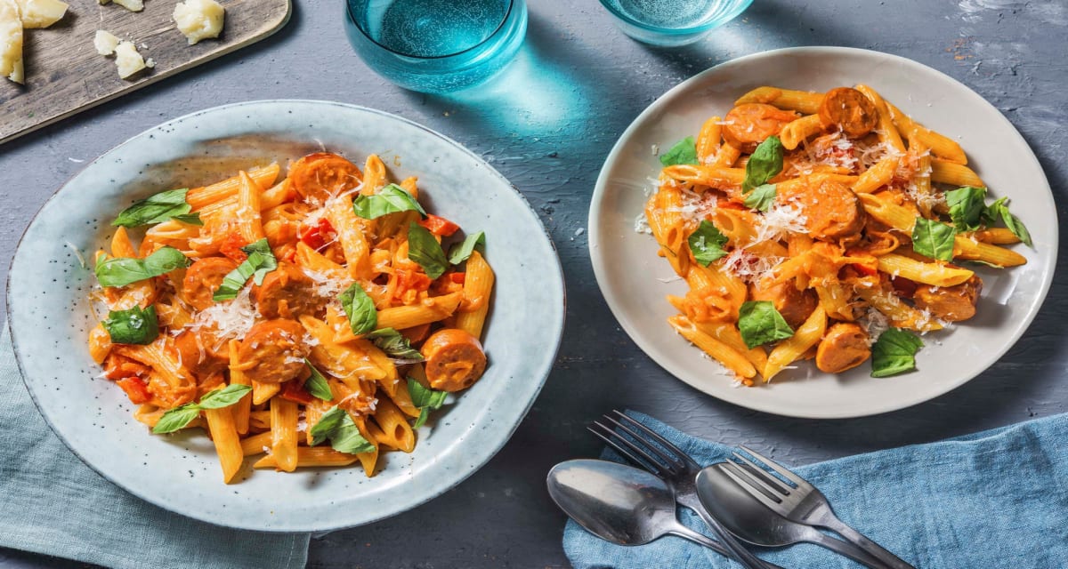 Krämig pasta med korv, zucchini, pecorino & basilika Recept | HelloFresh