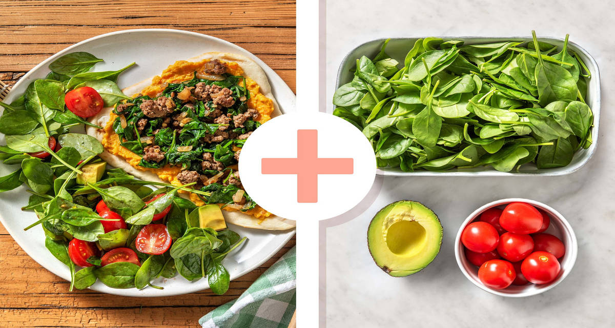 Double veggie - Naanpizza met yazzara, gehakt en spinazie met extra avocado en dubbele portie salade