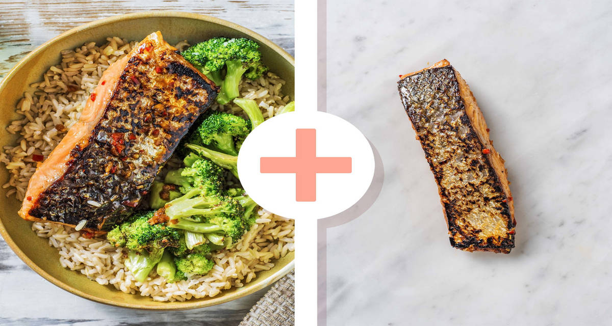 Double protein - Double portion de filet de saumon mariné à l'orientale met geroosterde broccoli en zilvervliesrijst
