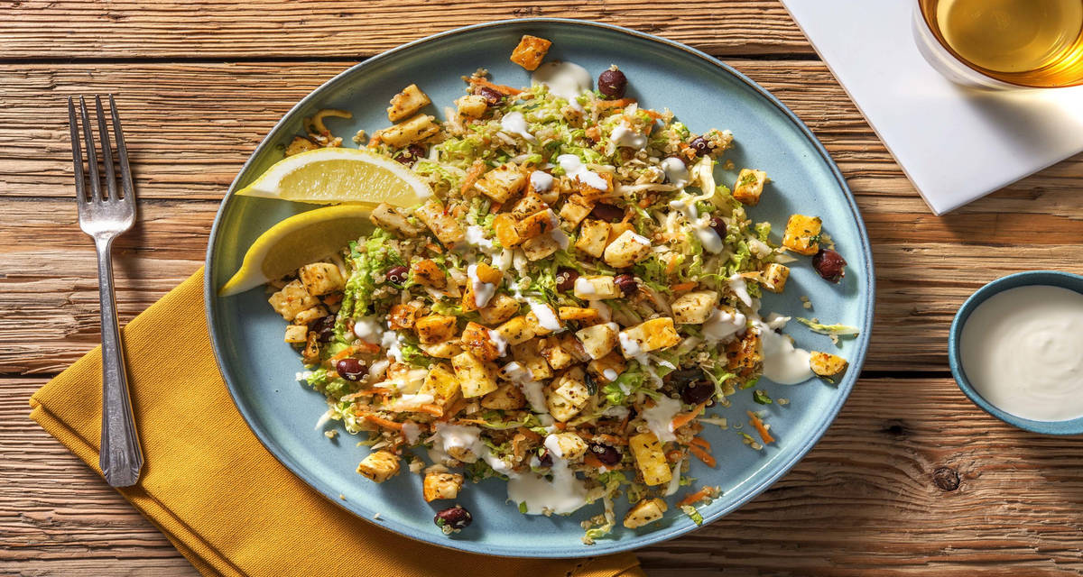 Oreganokryddad halloumi med quinoasallad och citrondressing