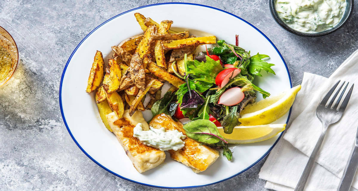 Citron- och honungsstekt halloumi med tzatziki och oreganopommes