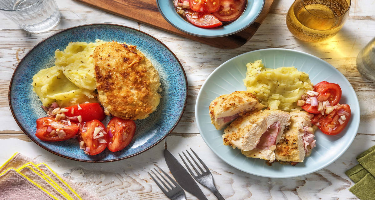 Cordon bleu maison & purée au thym accompagné d'une salade de tomates à l'échalote