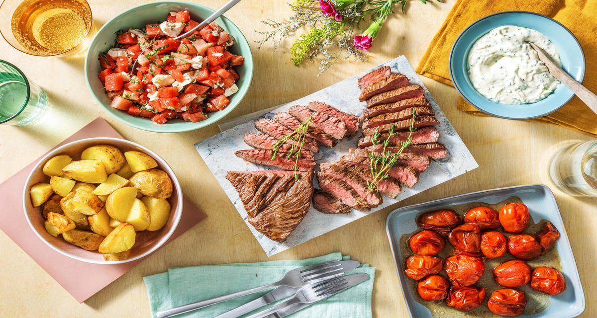 Bavette & pommes de terre en papillote accompagnés d'une salade de melon et feta