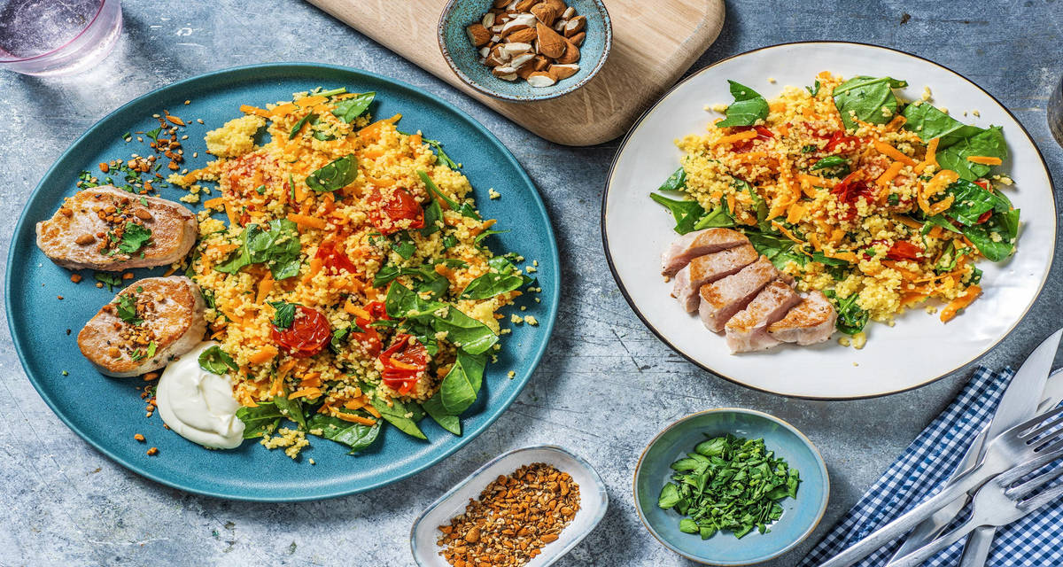 Fläskkotlett med morotscouscous och dukkah