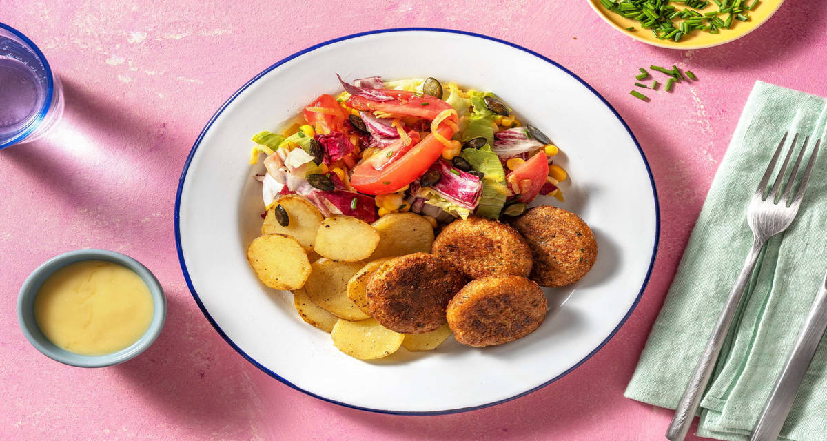 Croquettes végétariennes et mayonnaise miel moutarde avec des pommes de terre sautées et une salade composée