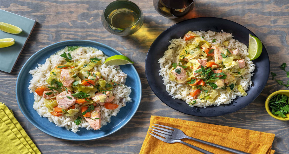 Blanquette de saumon & riz pilaf avec du riz façon pilaf et du persil frais