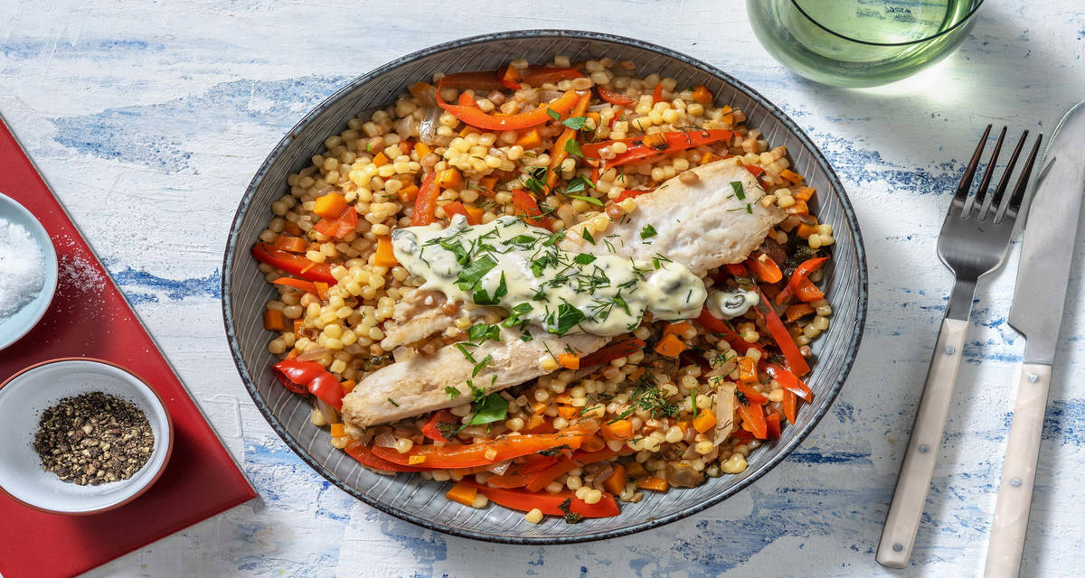 Filet d'églefin sauce aux câpres & citron vert servi avec du couscous perlé aux légumes façon pilaf