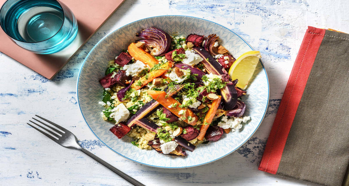 Rostade rotfrukter med bulgur, dill- och körvelvinägrett