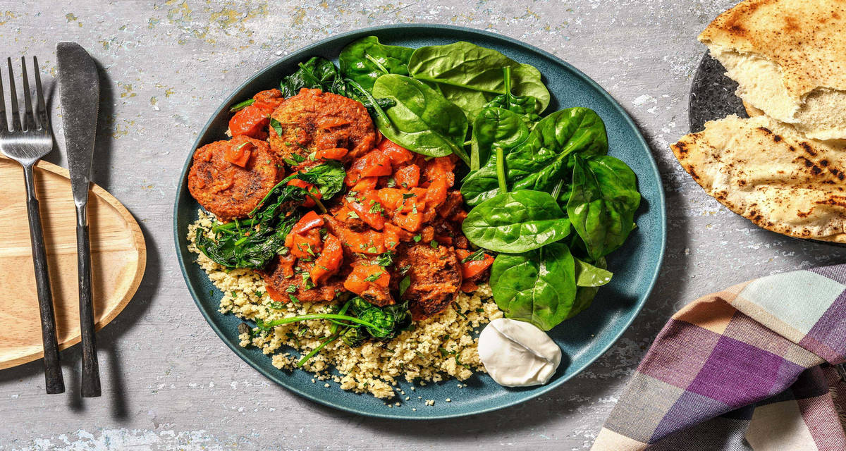 Falafels, semoule au baharat & épinards servis avec du yaourt, des raisins secs et un chapati