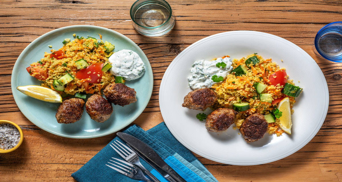 Stekt köfte på nötfärs med varm tabbouleh och persiljedressing