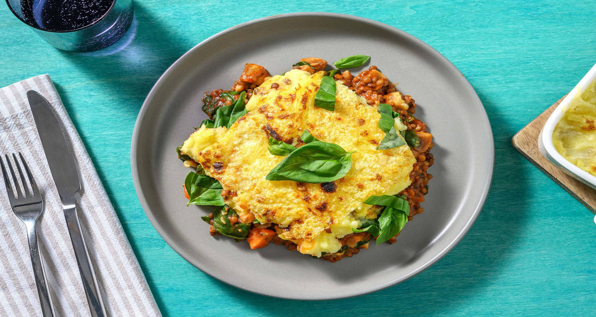 Linsegratin med champignon, kartofler & basilikum