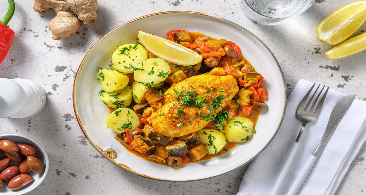 Niet gebruiken - Tajine van kip, rode paprika en aubergine met peterselie-aardappelen, olijven en citroen