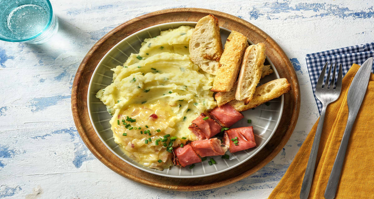 Purée beurre échalote & roulés jambon fromage avec des mouillettes de pain gratinées