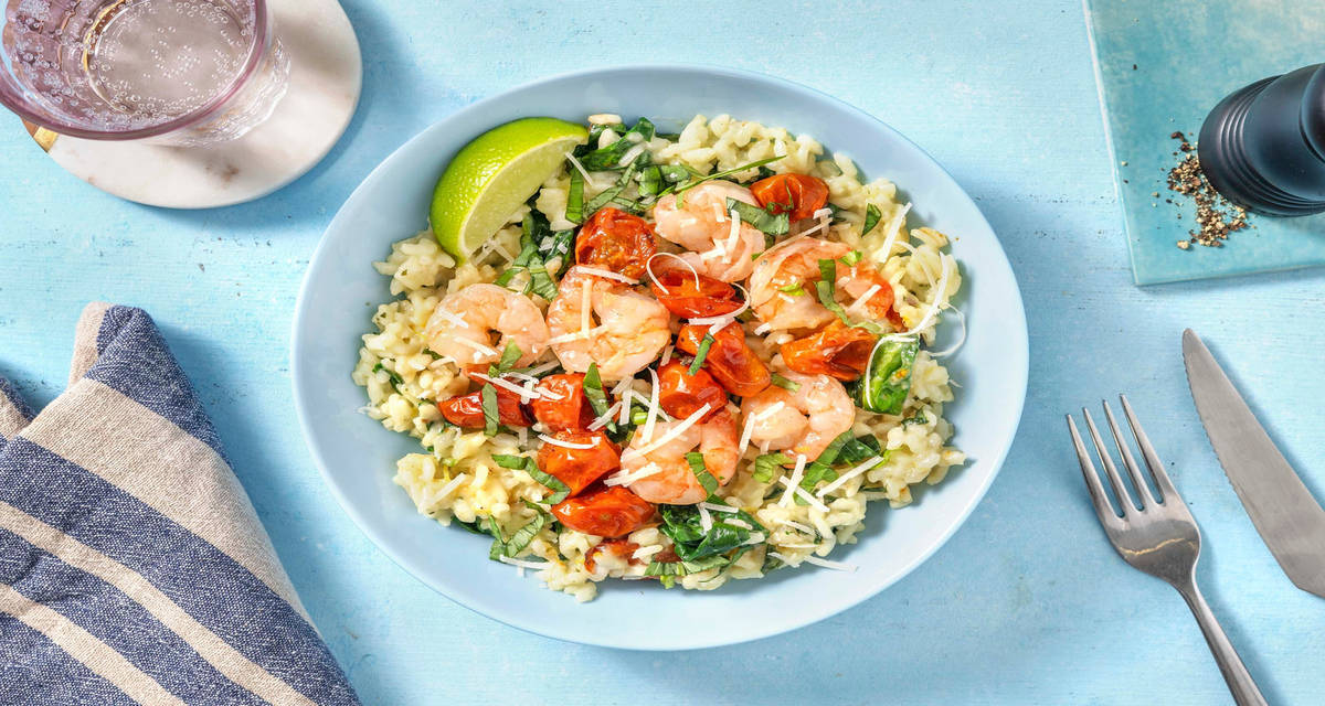 Rejerisotto med cherrytomater, spinat & basilikum