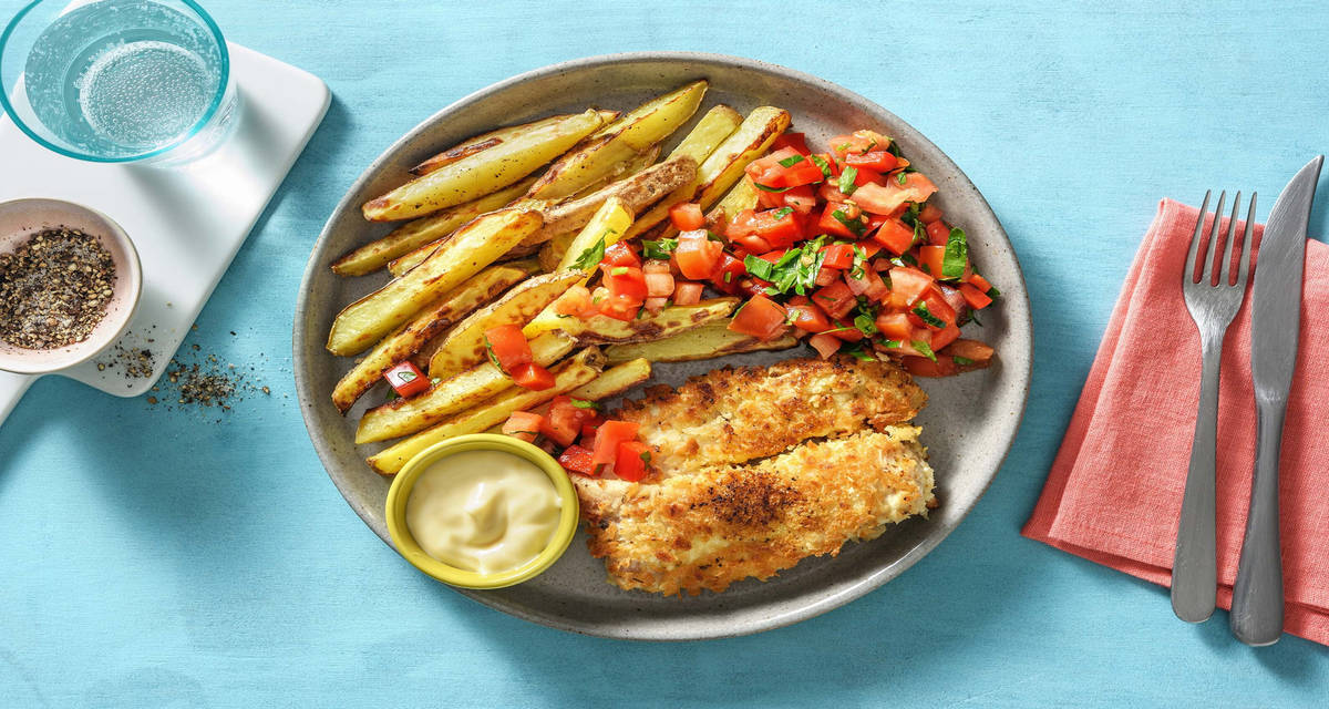 Cajunpanerad sej med krispiga pommes och paprikasalsa