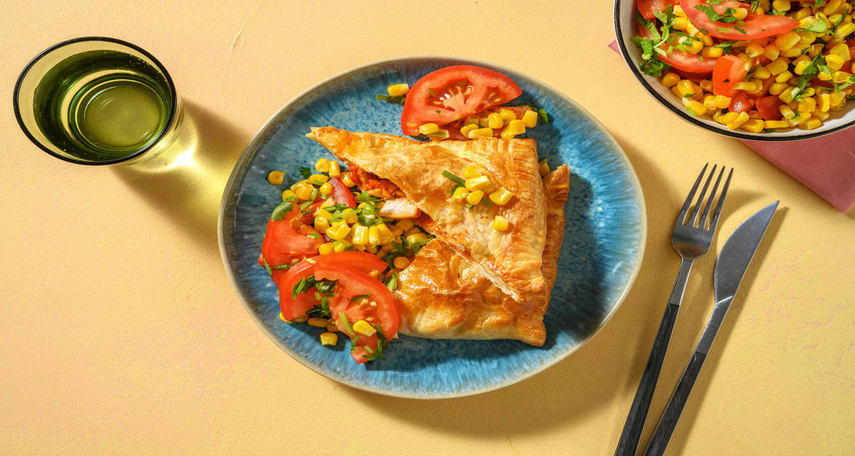 Kip-empanada met cheddar en mais met Mexicaanse kruiden, peterselie en tomatensalade