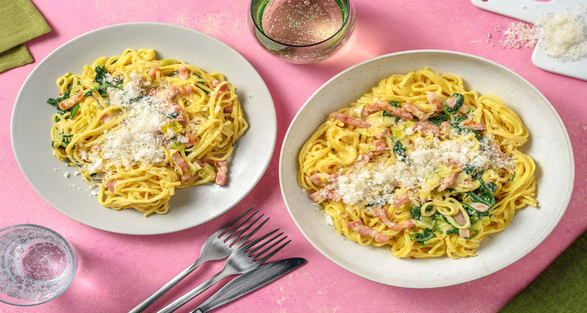 Cremet tagliolini med bacon & spinat