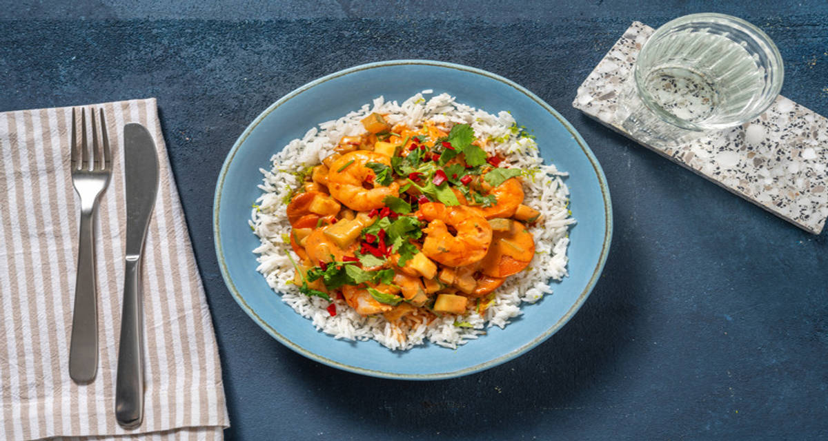 Spicy Prawn Red Thai Curry with courgette, carrot and rice
