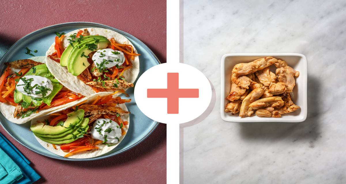 Tacos di pollo e verdure saltate con avocado e yogurt al lime