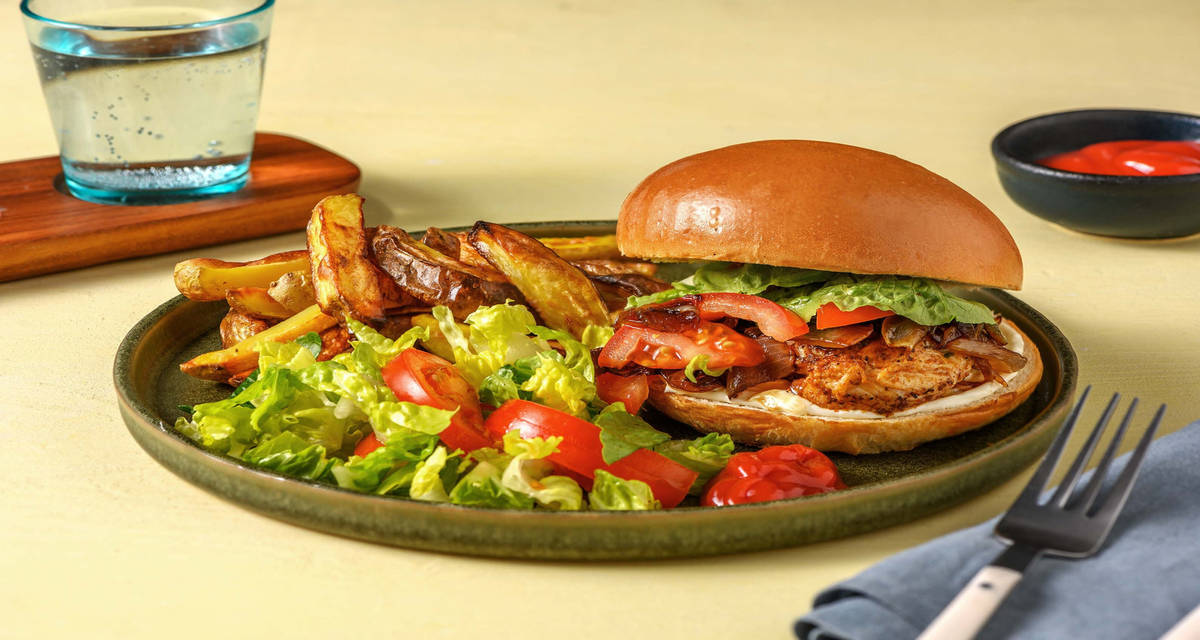 Burger di pollo alla messicana con cipolle caramellate e salsa aioli