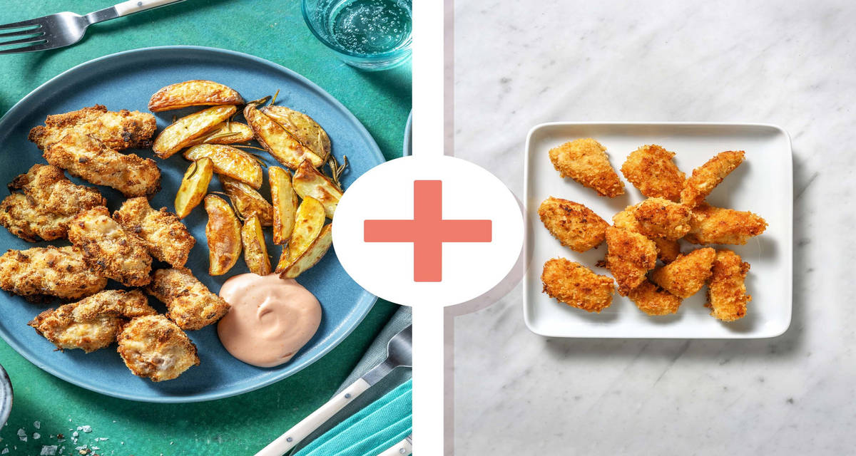 Nuggets di pollo fritti-non fritti con tris di salse e patate arrosto