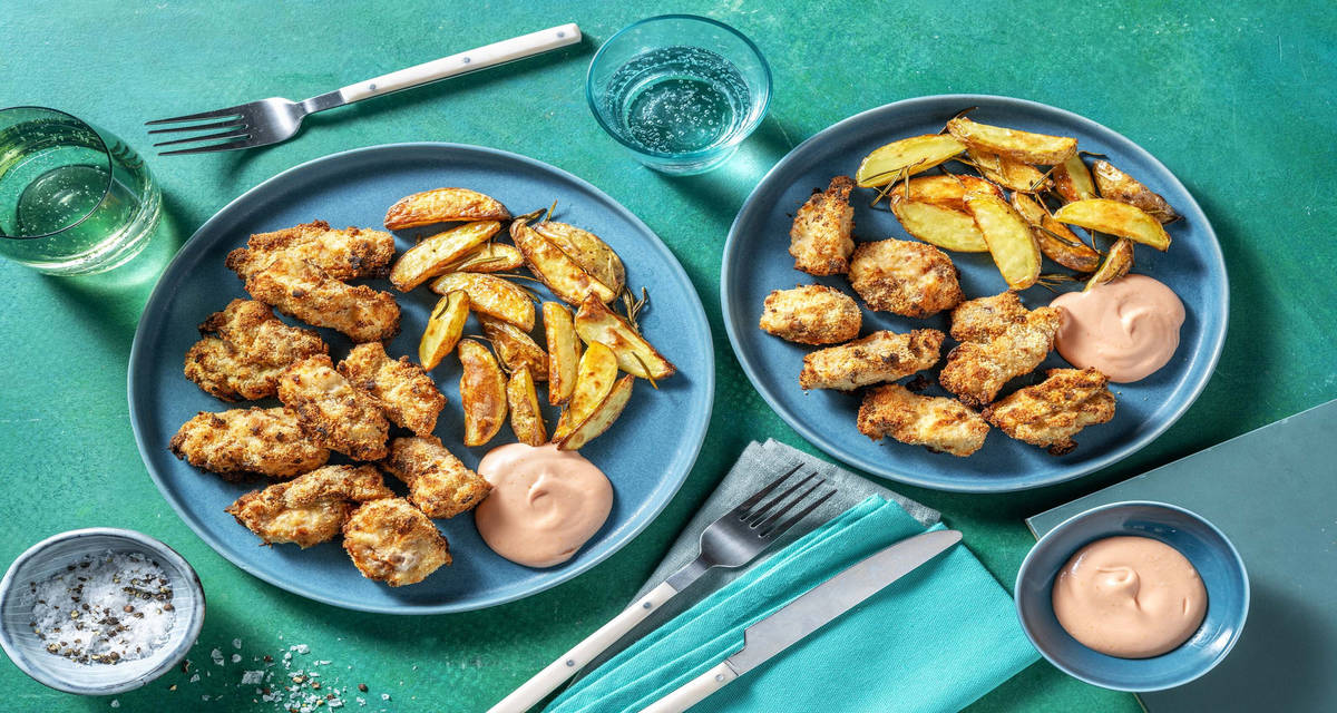 Nuggets fritti-non fritti con patate arrosto maio BBQ e salsa rosa