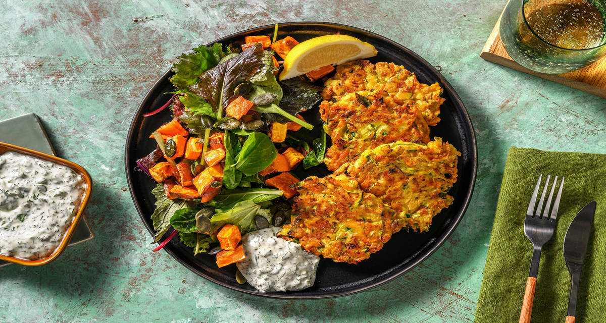 Frittelle veggie di zucchine con patate dolci e maionese all'aneto