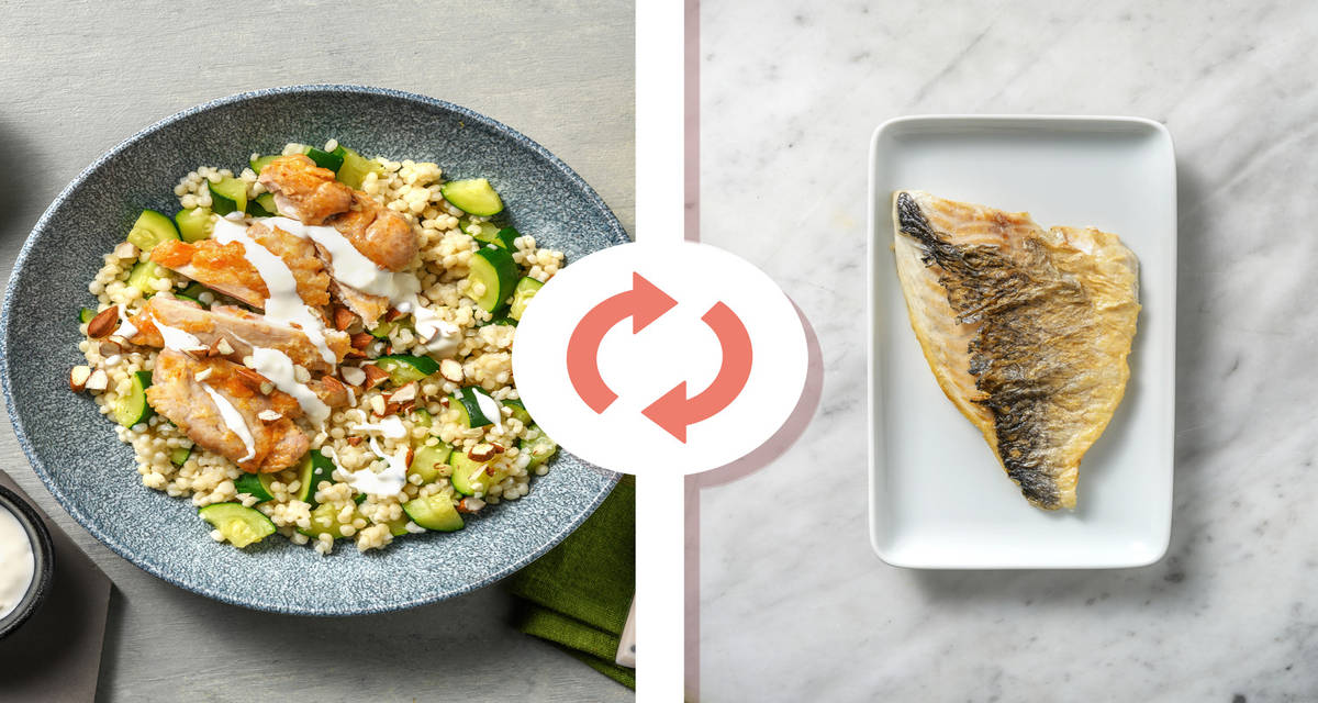 Orata aromatizzata alla paprika con couscous, zucchine, salsa di ricotta e mandorle