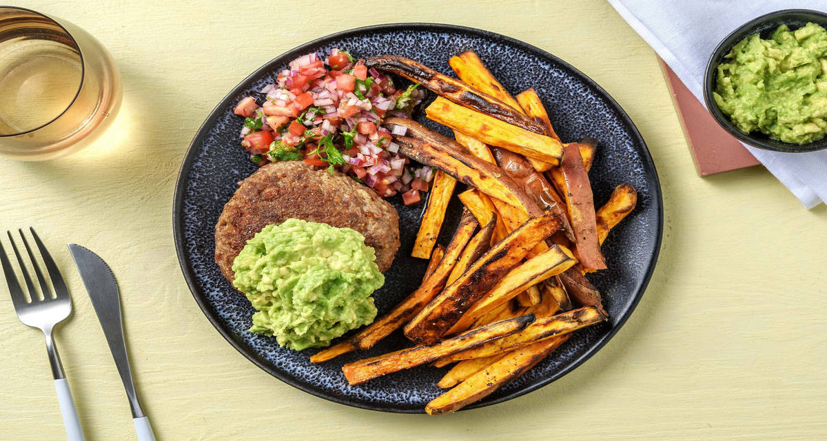 Mexikanska biffar med Pico de Gallo, mosad avokado och sötpotatis