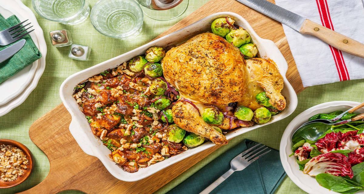 Thanksgiving : poulet rôti & choux de Bruxelles avec des pommes de terre à la tomme