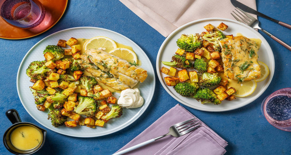 Citronstegt pangasius med ovnbagte rodfrugter og cremet aioli