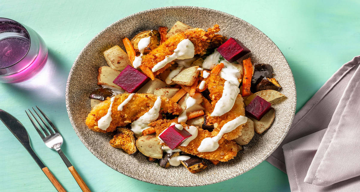 Mandelpanerad BBQ-kyckling med ugnsrostade rotfrukter och vitlöksdressing
