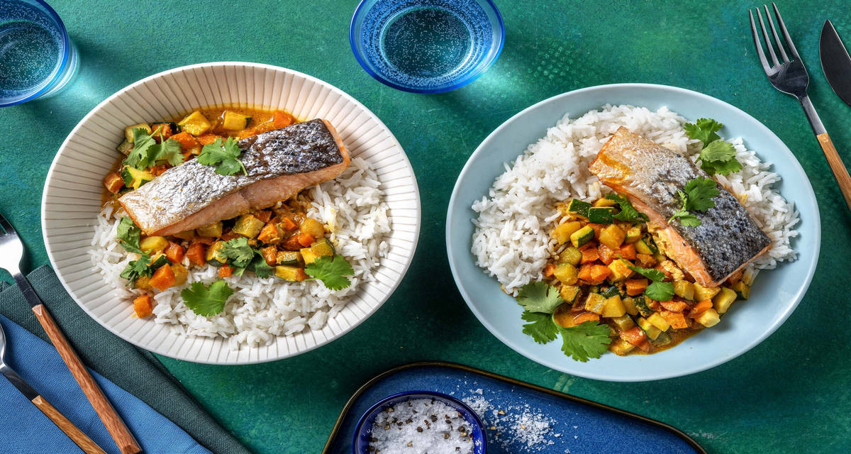 Thai-inspirerad lax med currysås, citrongräs och ris