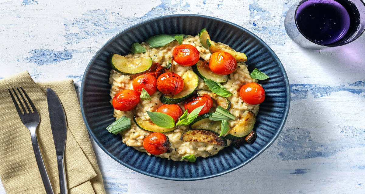 Risotto alle zucchine con ricotta e pomodorini confit