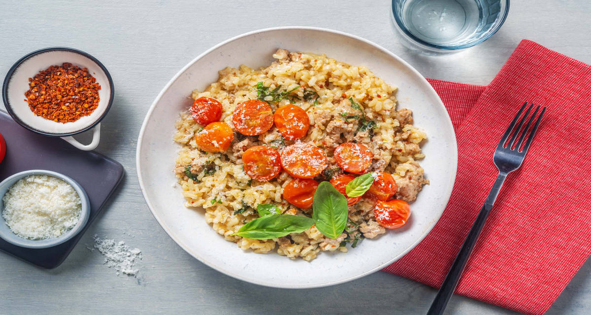 Risotto al forno con salsiccia pomodorini arrostiti e basilico