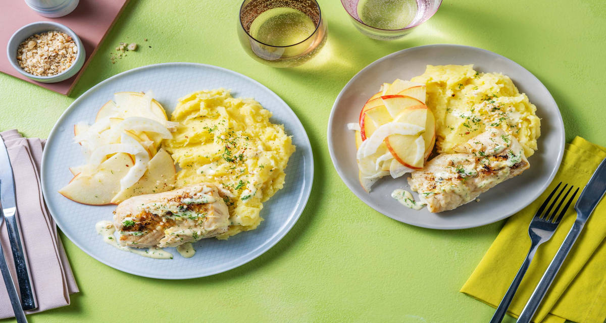 Ugnsbakad citrontorsk och palsternackmos med dillsås och fänkål- och äppelsallad