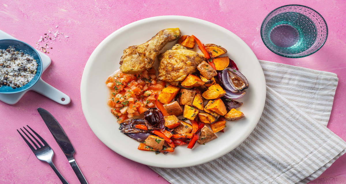 Pollo alle spezie mediorientali con patate dolci, peperoni e cipolla al forno