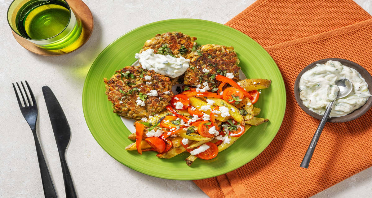 Vegetariske linsedeller med græske kartofler og hjemmerørt tzatziki