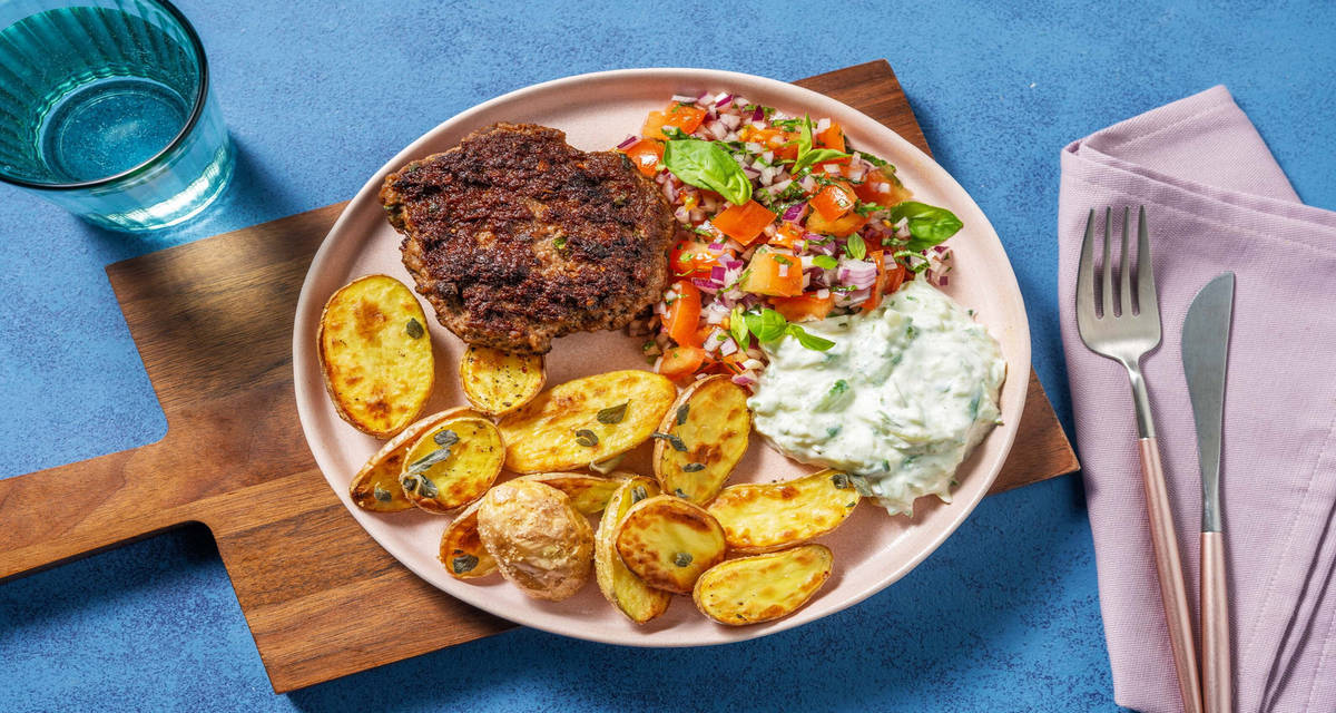 Grekisk nötfärsbiff med rostad potatis och hemlagad tzatziki
