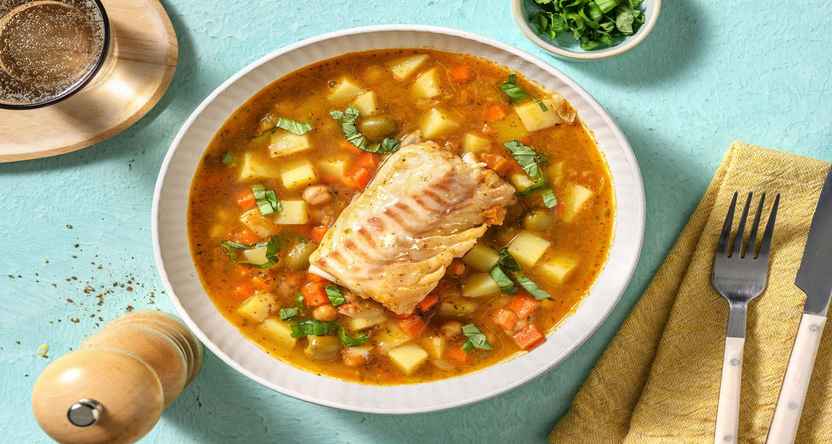 Nasello alla Provenzale con pomodori, ceci e olive