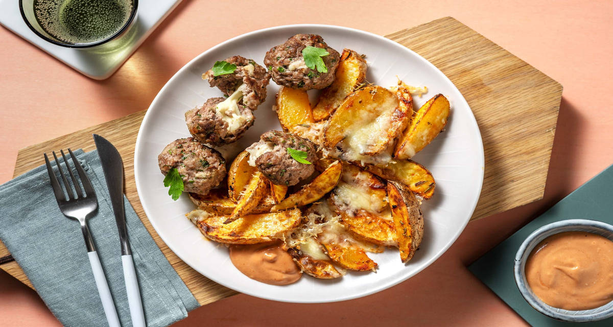 Polpette con cuore filante di mozzarella con patatine alla paprika e maionese alla BBQ