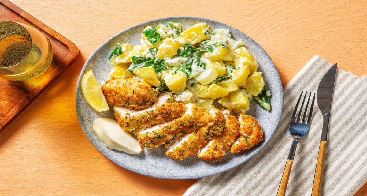 Pollo in crosta di timo e rosmarino con insalata cremosa di patate e bietole